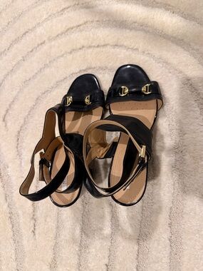 Geox Black Patent Block Heel Sandals with Gold Buckle Detail